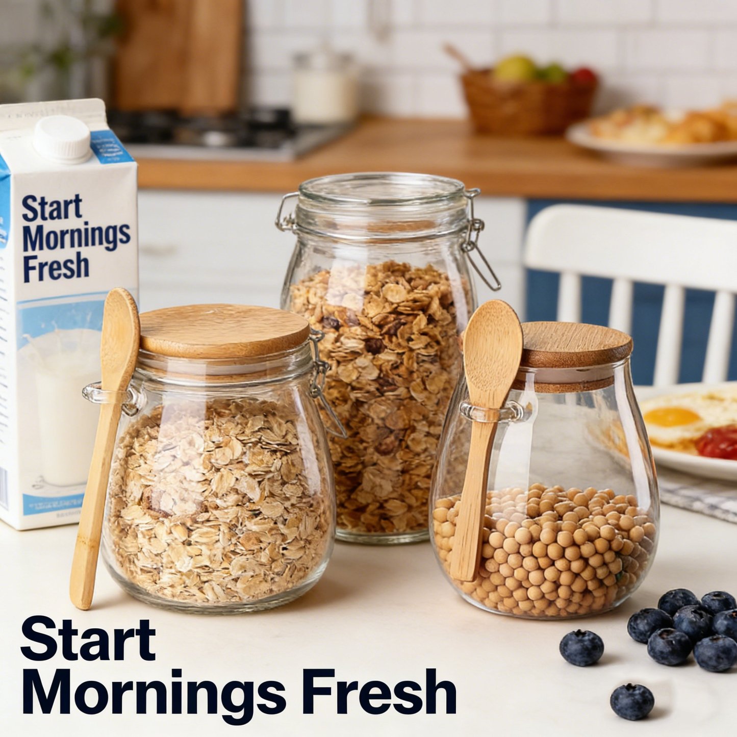 Sealed Glass Storage Jar with Bamboo Lid, Leak-Proof, Wide Mouth Design, Spoon Included 🍶🌿