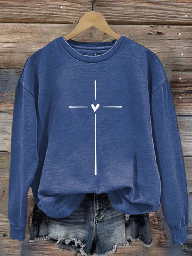 Women's Christian Cross Printed Round Neck Long Sleeve Sweatshirt