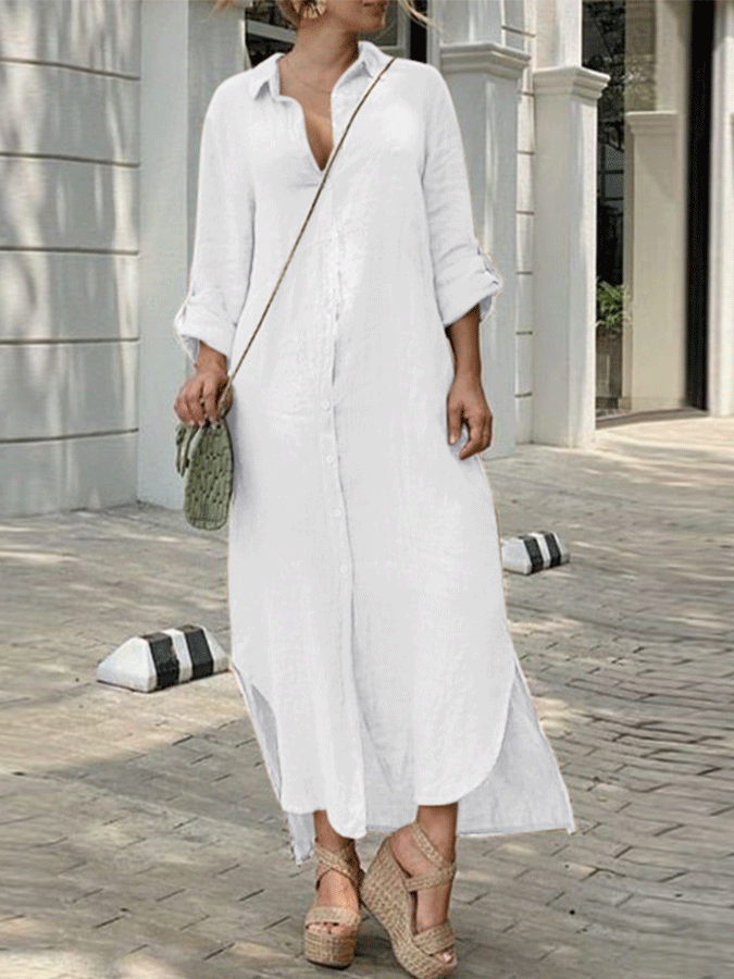 Casual Solid Button Linen Dress