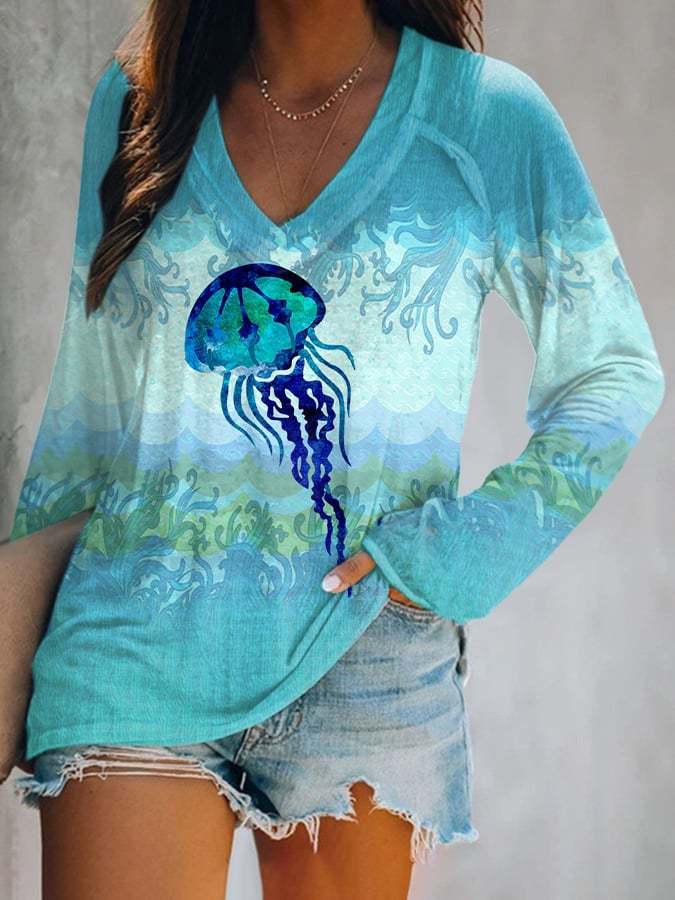 Women's Casual Sea Turtle Print Long Sleeve T-Shirt