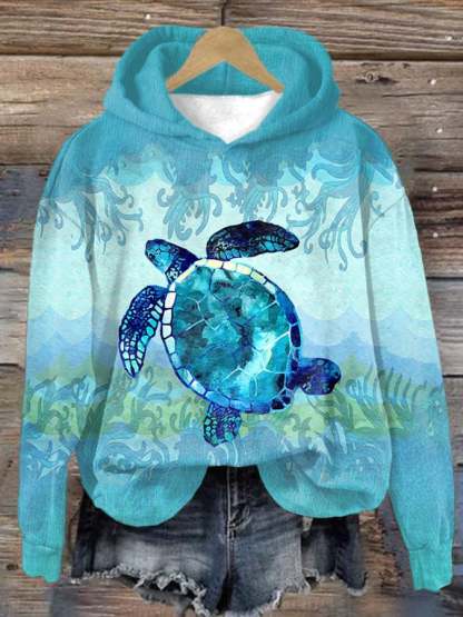 Women's Casual Sea Turtle Print Hooded Long Sleeve Sweatshirt