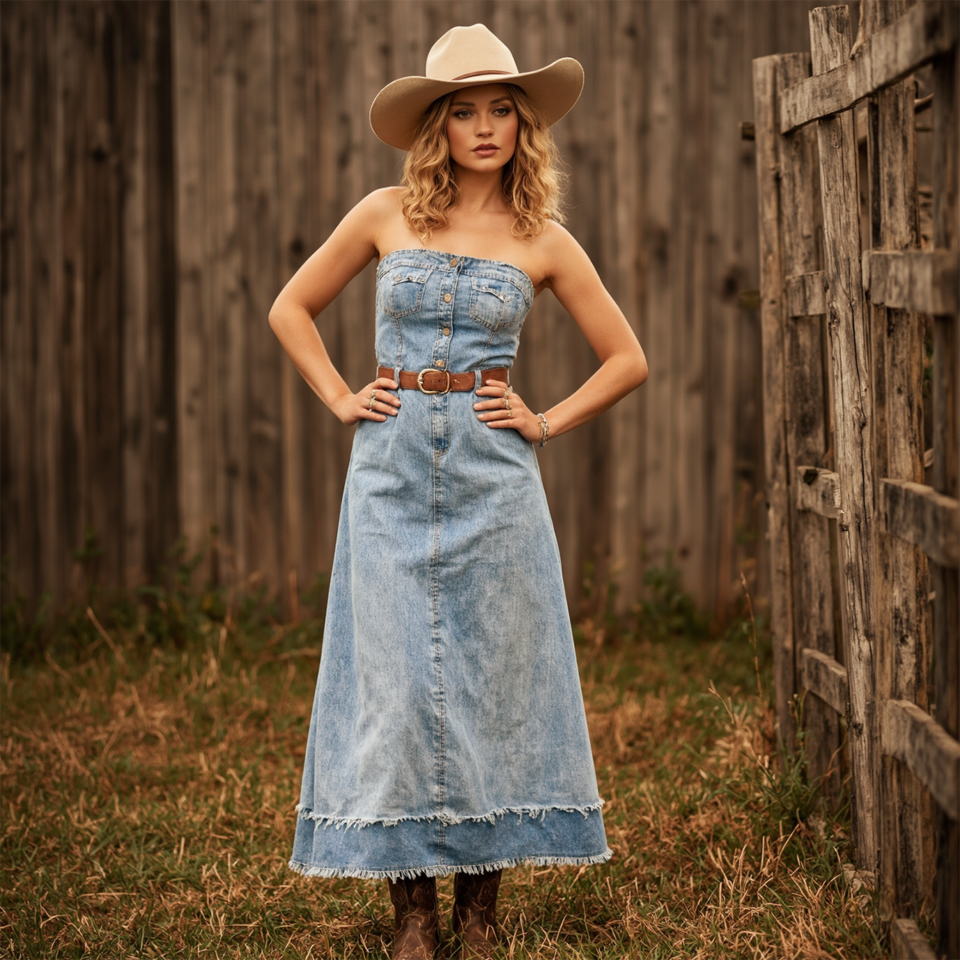 Women's Vintage Cowboy Boho Chic Denim Dress With Wide Brim Hat