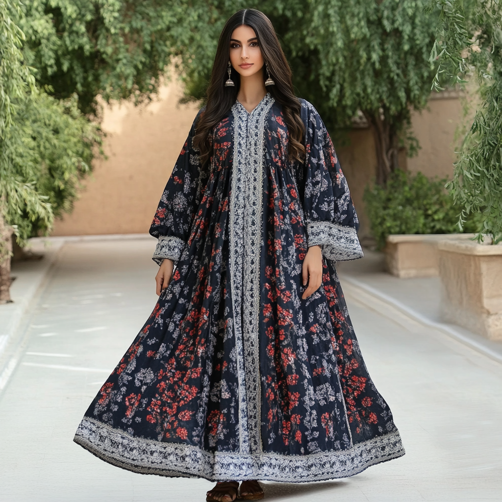 Women's Middle Eastern Floral Print Contrast Color Stitching Temperament Four Seasons Robe Dress