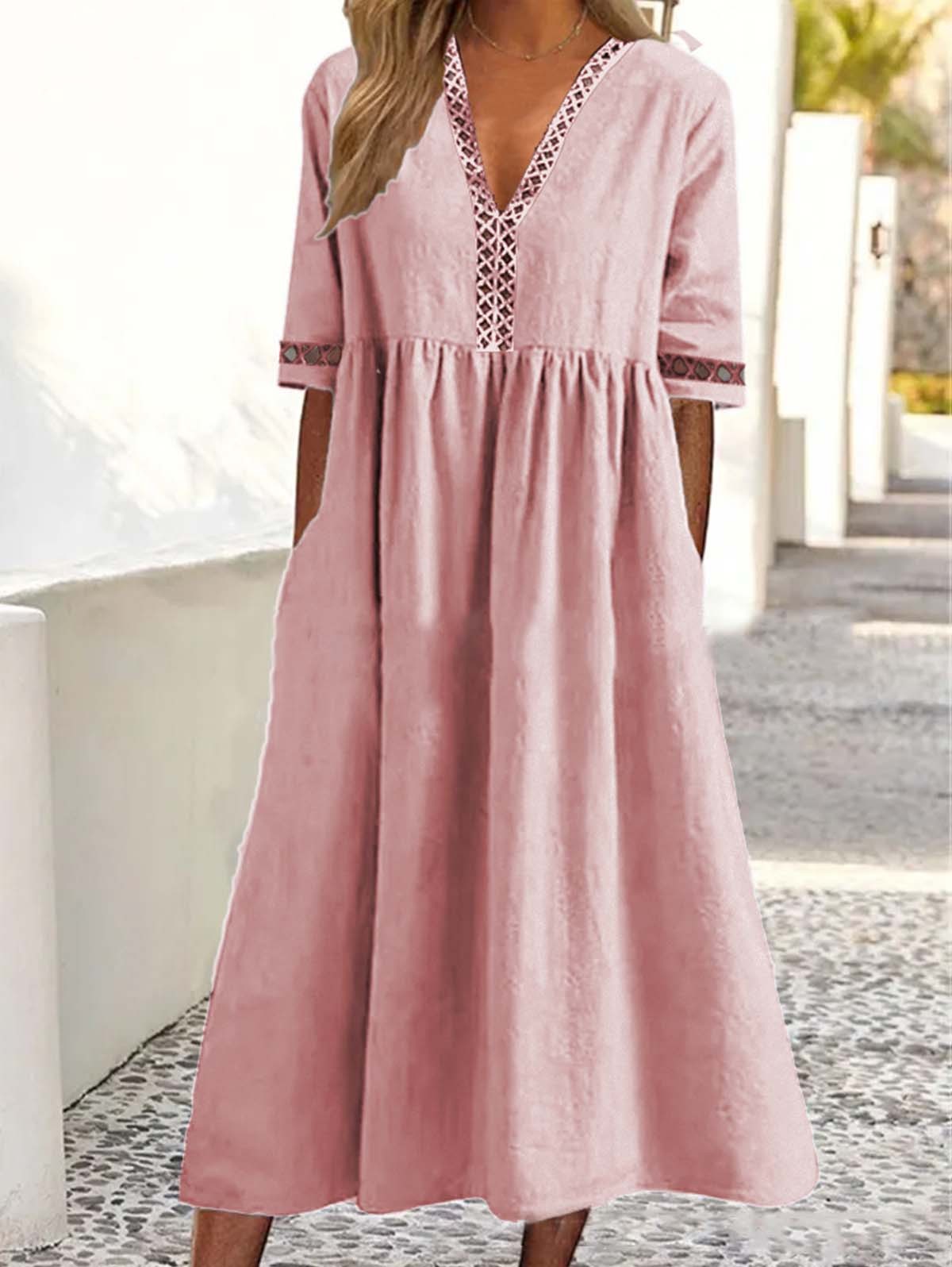 Casual Plain V Neck Hollow Half Sleeve Midi Gathered Dress