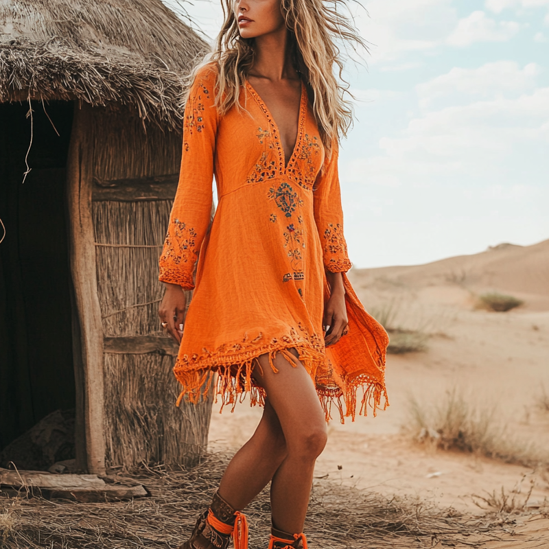 Women's Bohemian Orange Embroidered Dress With Tassels