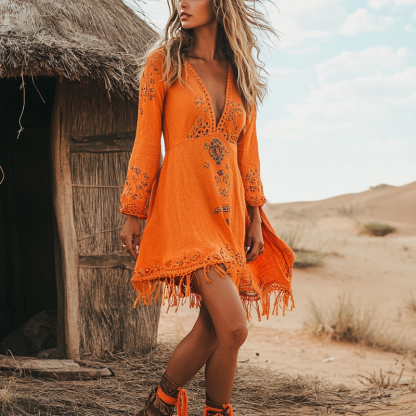 Women's Bohemian Orange Embroidered Dress With Tassels