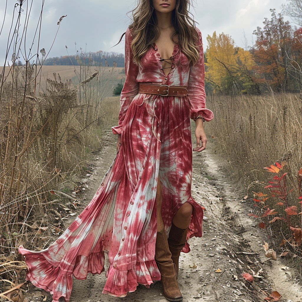 Retro V-neck Tie-dye Women's Long-sleeved Dress Bohemian Pastoral Style Tie-dye V-neck Dress Sexy Long Dress