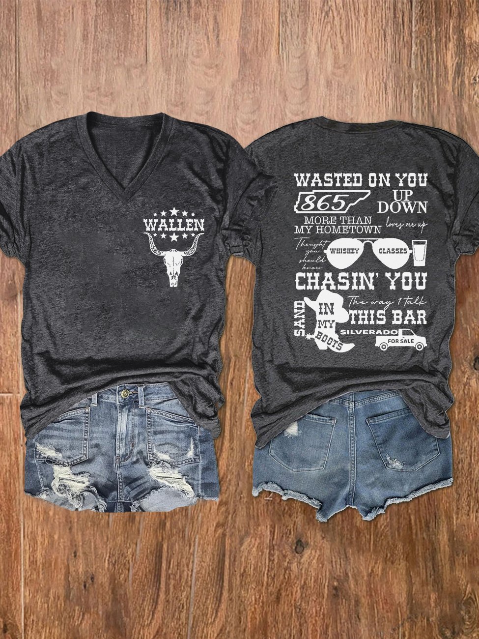 Women's Wallen Wasted On You Shirt Country Music Print V-Neck T-Shirt