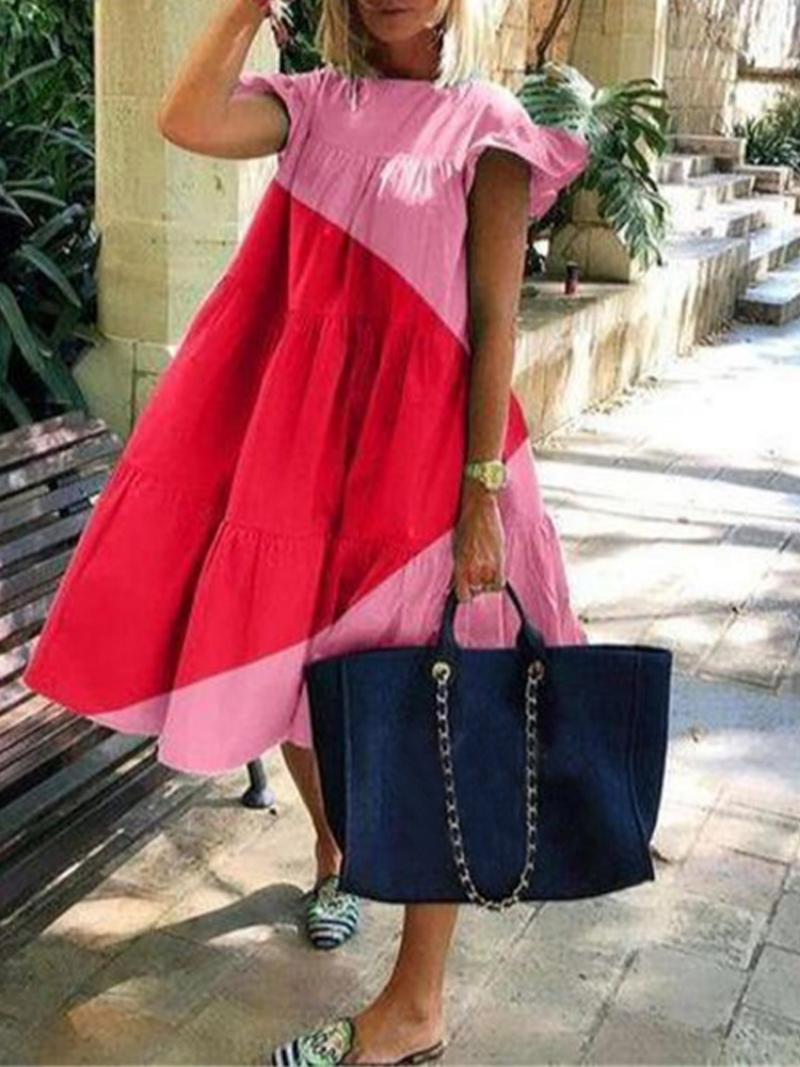 Women Summer Colorblock Holiay Vintage Ruffled Party Dresses