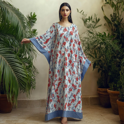 Women's Middle Eastern Floral Print Contrast Color Stitching Temperament Four Seasons Robe Dress