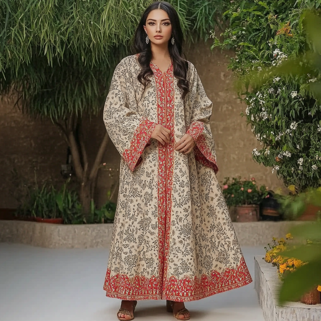 Women's Middle Eastern Floral Print Contrast Color Stitching Temperament Four Seasons Robe Dress