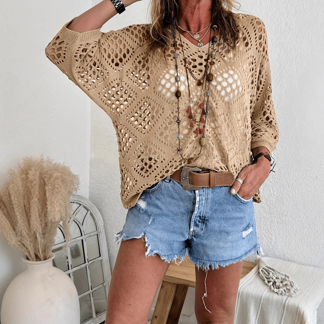 Women's Bohemian-Inspired Beige Crochet Top with V-Neck
