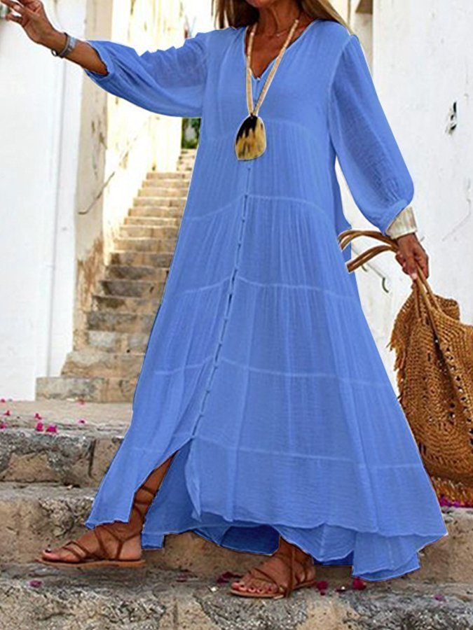 Women's V-Neck Long Sleeve Boho Cotton Linen Dress