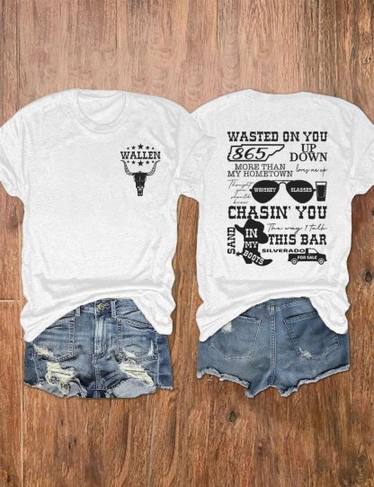 Women's Wallen Wasted On You Shirt Country Music Print Crew Neck T-Shirt
