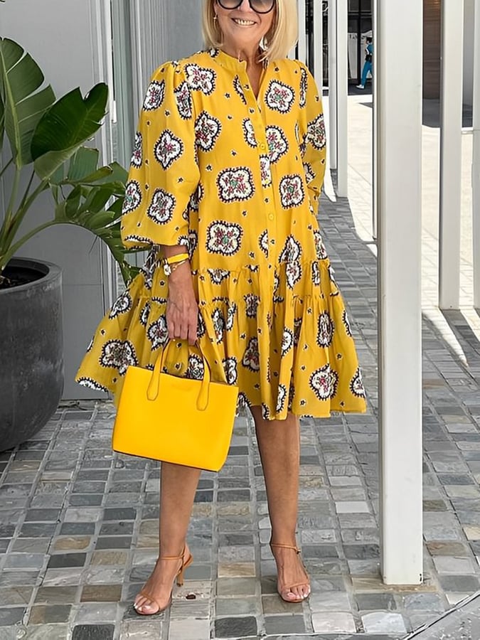 European And American Style Casual All-Match Printed Puff Sleeve Dress