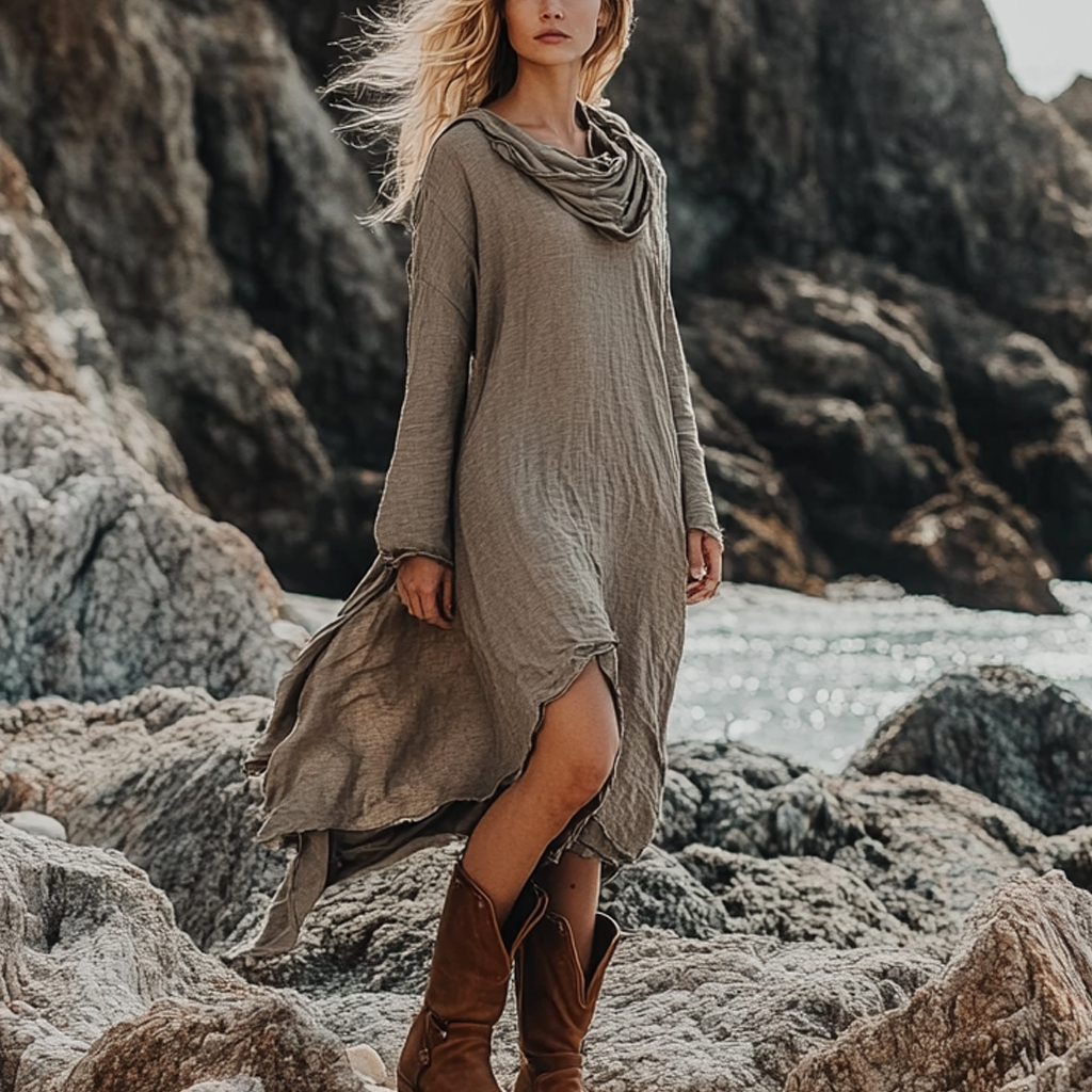 Bohemian Irregular Hem Pile Collar Linen Dress