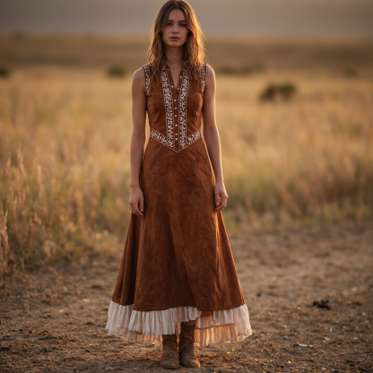 Women's Bohemian Elegance: Embroidered Brown Maxi Dress