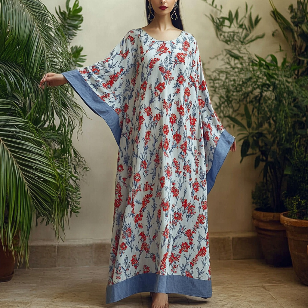 Women's Middle Eastern Floral Print Contrast Color Stitching Temperament Four Seasons Robe Dress