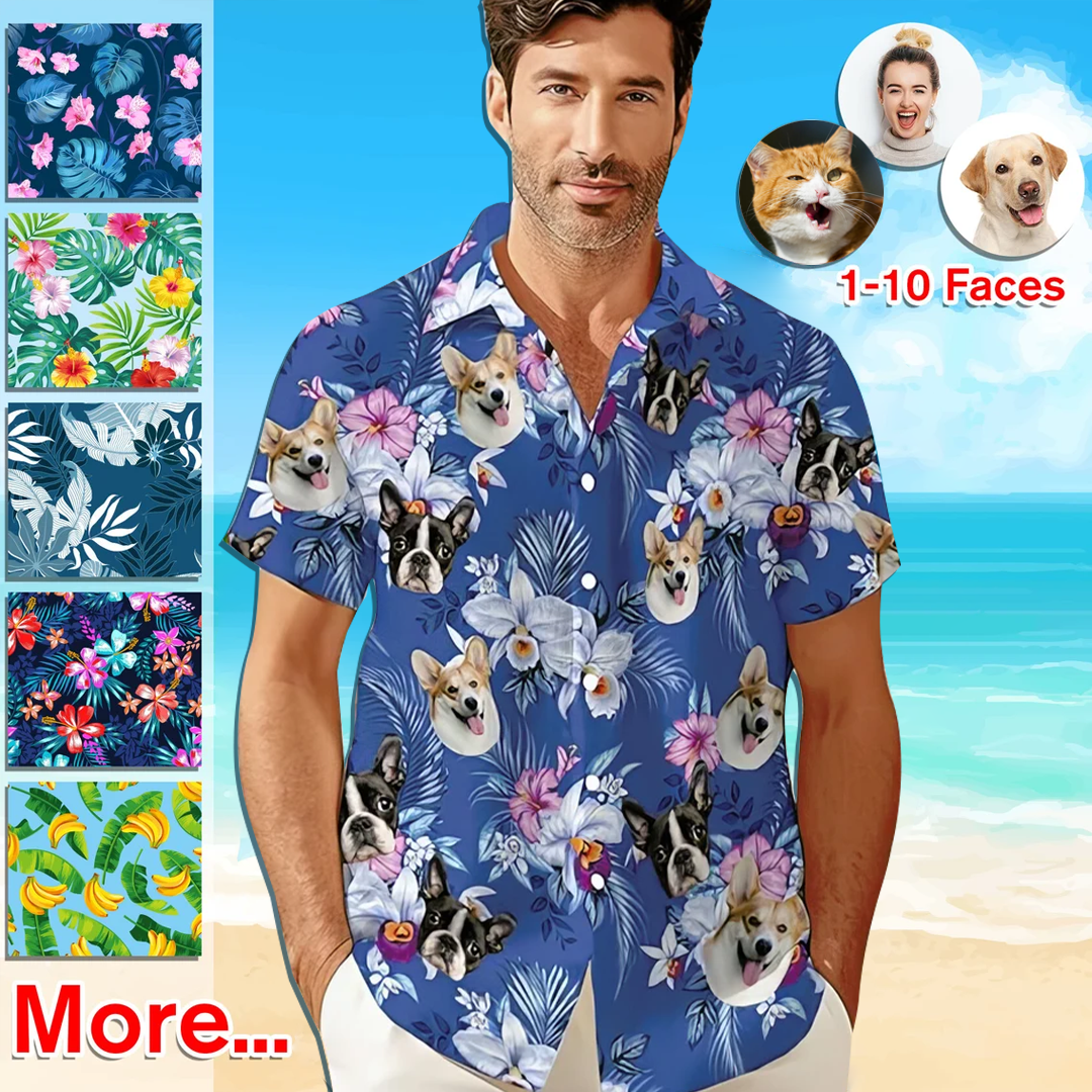 Custom Face Shirt Hawaiian Shirt Tropical Leaves and Flowers