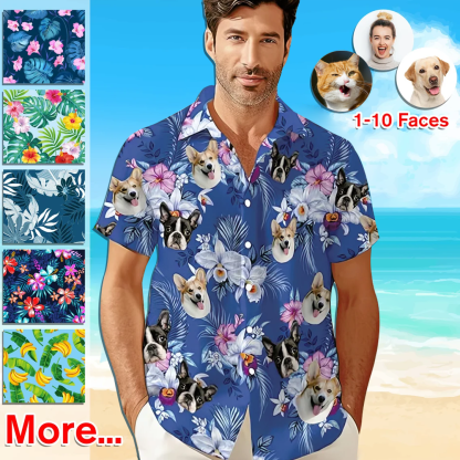 Custom Face Shirt Hawaiian Shirt Tropical Leaves and Flowers