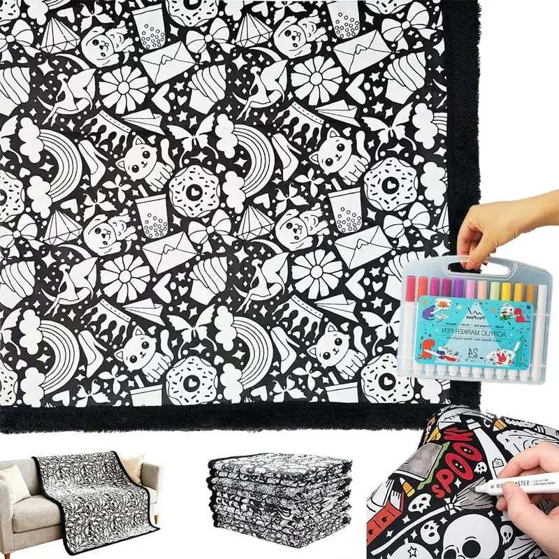 DIY Coloring Blanket 50x60 Inch Fleece Throw for Kids & Adults with 24 Marker Pens