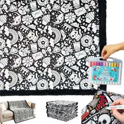 DIY Coloring Blanket 50x60 Inch Fleece Throw for Kids & Adults with 24 Marker Pens