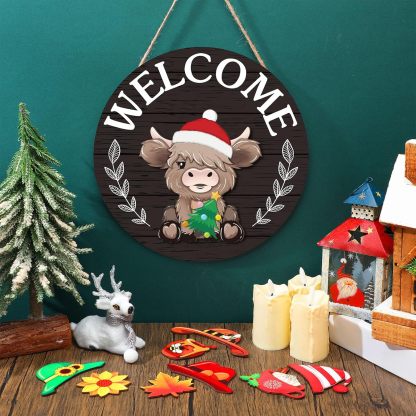⏰35 PCS Interchangeable Highland Cow Welcome Sign with Seasonal Magnet Detachable Hats Accessories