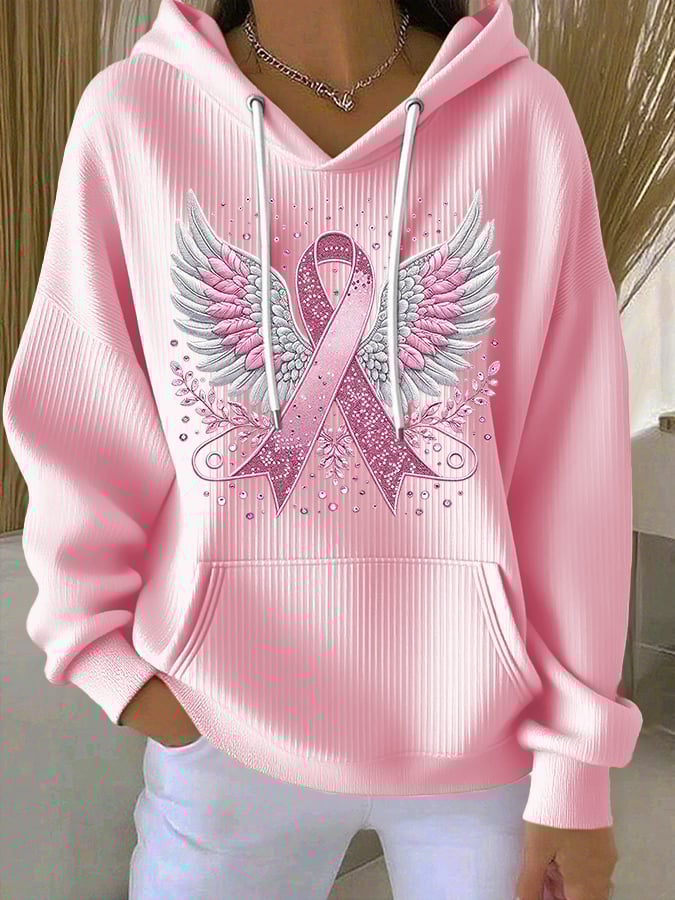 Women's Casual Pink Contrast Ribbon Wings Ribbon Hoodie