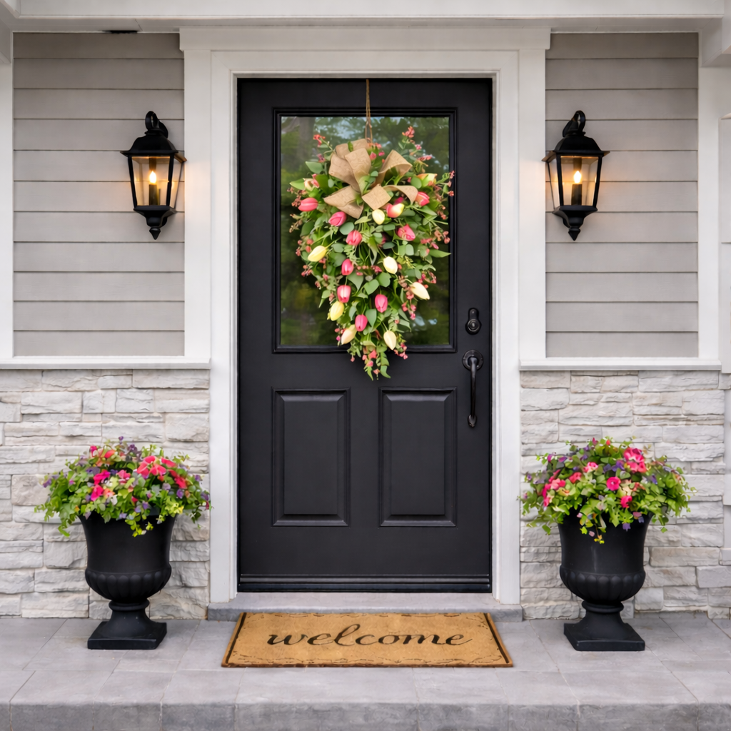 ✨Early Eeaster Sale 50% - Artificial Tulip Door Swag with Greenery Leaves and Burlap Bow