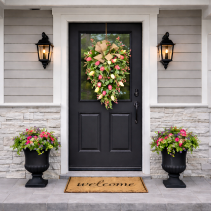 ✨Early Eeaster Sale 50% - Artificial Tulip Door Swag with Greenery Leaves and Burlap Bow