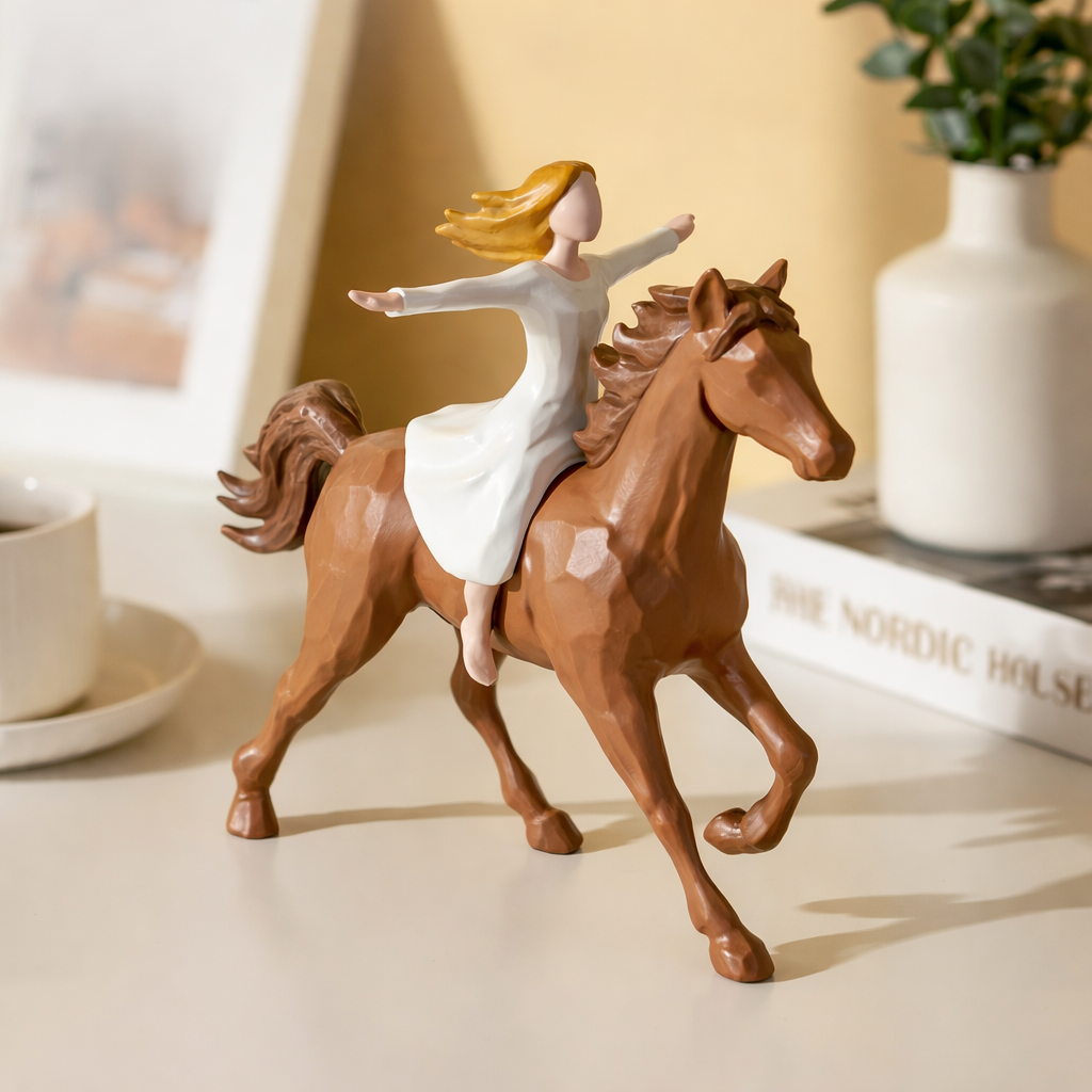 Handmade ResinGirl Riding Horse Figurine