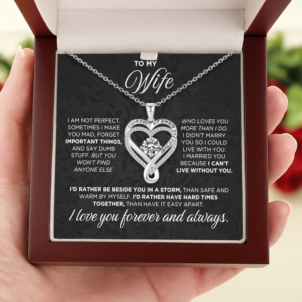 Engraved Heart Necklace for Wife with Exquisite Wooden Box, "To My Wife" Forever & Always Heart Necklace