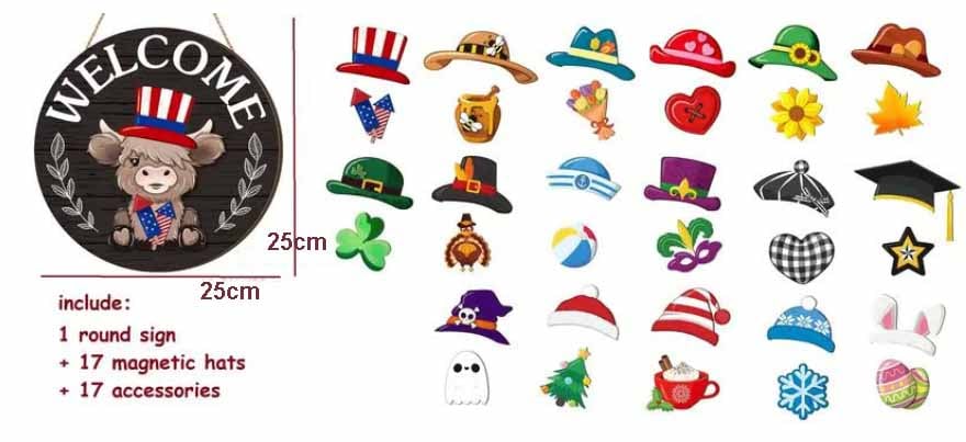 ⏰35 PCS Interchangeable Highland Cow Welcome Sign with Seasonal Magnet Detachable Hats Accessories