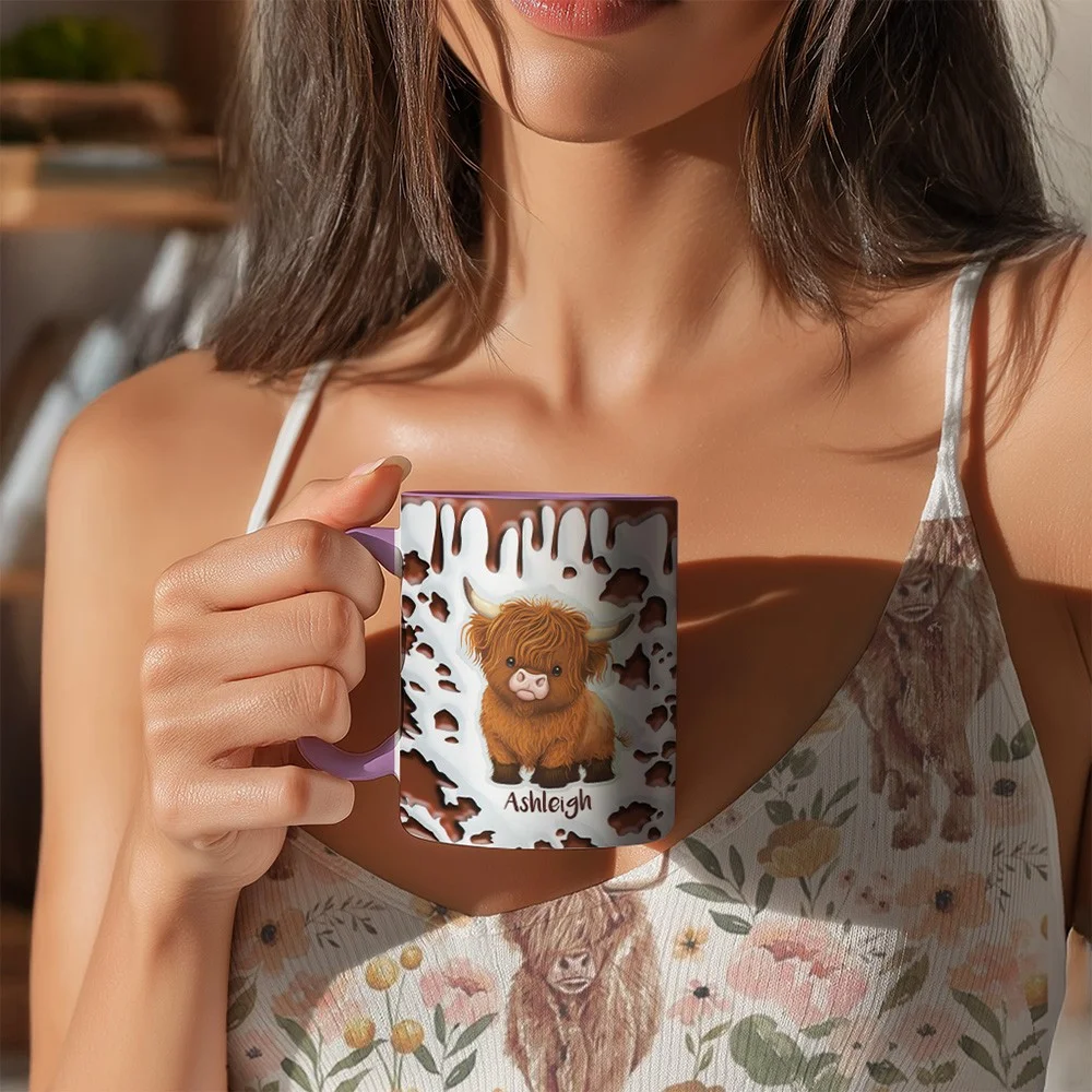 Personalized Cute Highland Cow Ceramic Coffee Mug with Name and Coaster Birthday Gift for Highland Cow Lover