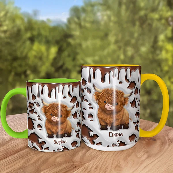 Personalized Cute Highland Cow Ceramic Coffee Mug with Name and Coaster Birthday Gift for Highland Cow Lover