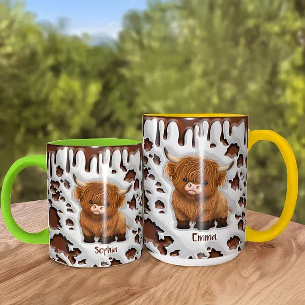 Personalized Cute Highland Cow Ceramic Coffee Mug with Name and Coaster Birthday Gift for Highland Cow Lover
