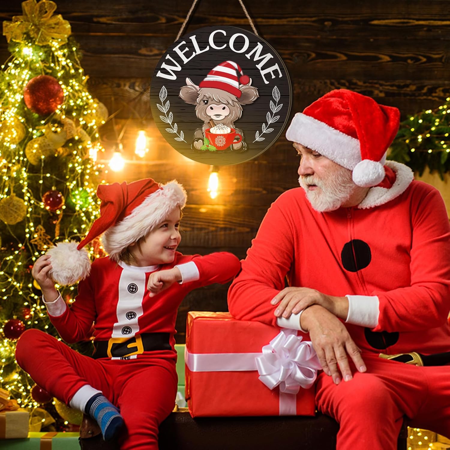 ⏰35 PCS Interchangeable Highland Cow Welcome Sign with Seasonal Magnet Detachable Hats Accessories