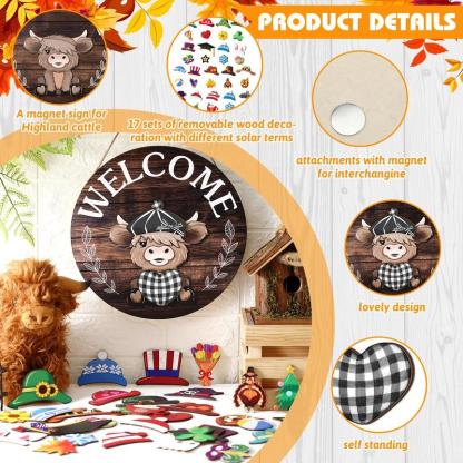 ⏰35 PCS Interchangeable Highland Cow Welcome Sign with Seasonal Magnet Detachable Hats Accessories