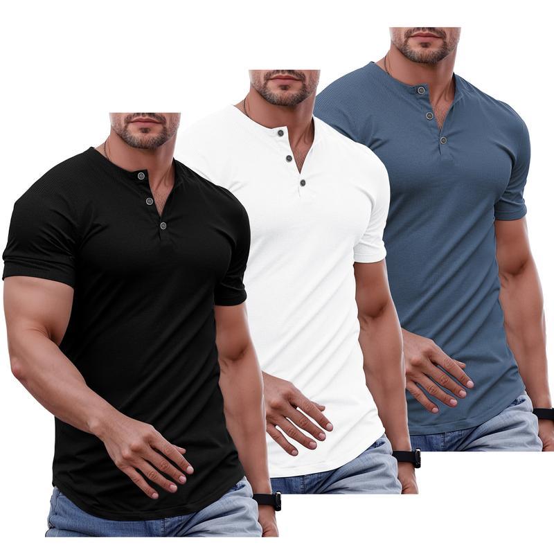 Men's Plain Muscle Slim Fitted Henley Shirts Crewneck T-Shirt