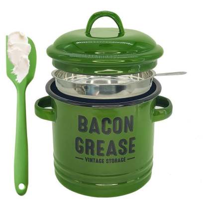 Top Christmas Gift 2025 🎅-46 Oz Bacon Grease Container with Strainer and Food-Grade Silicone Spatula