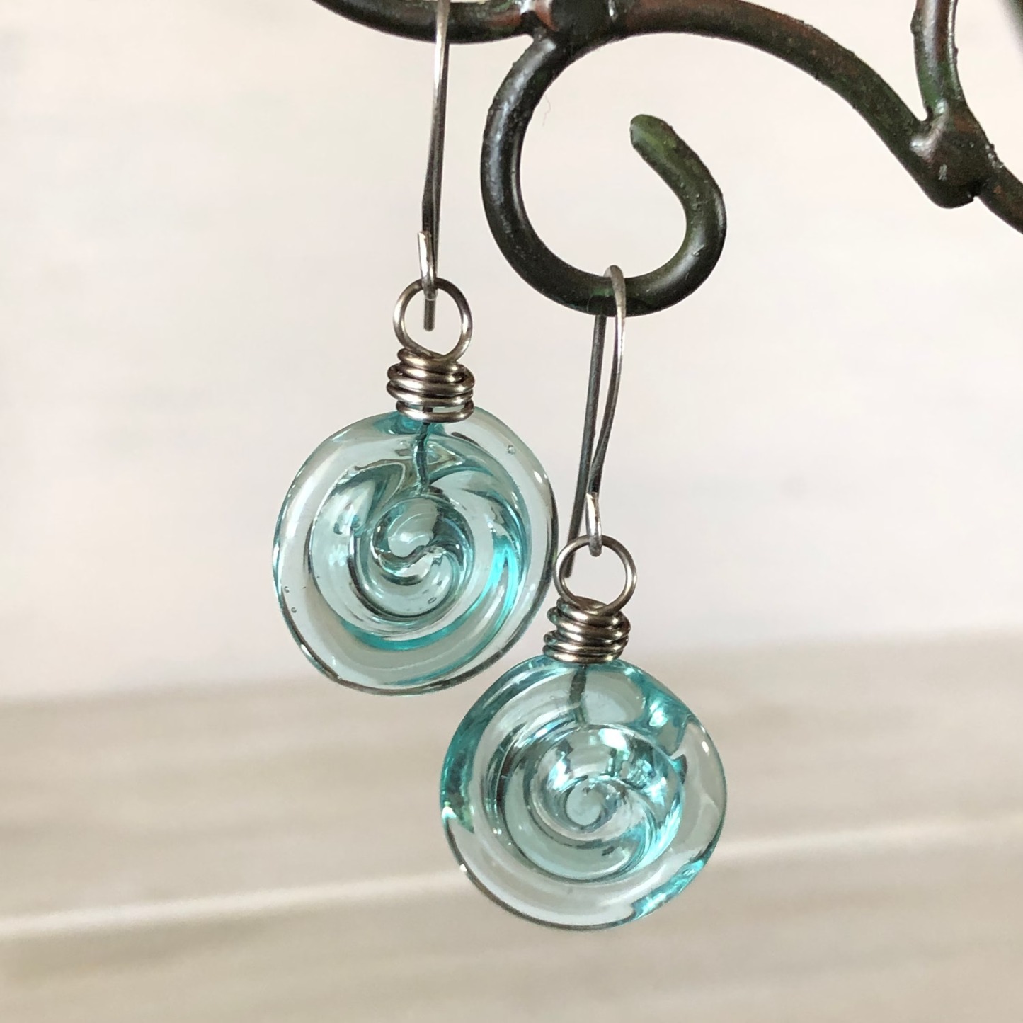 Recycled Glass Spiral Earrings: Upcycled Mason Jar Dangles