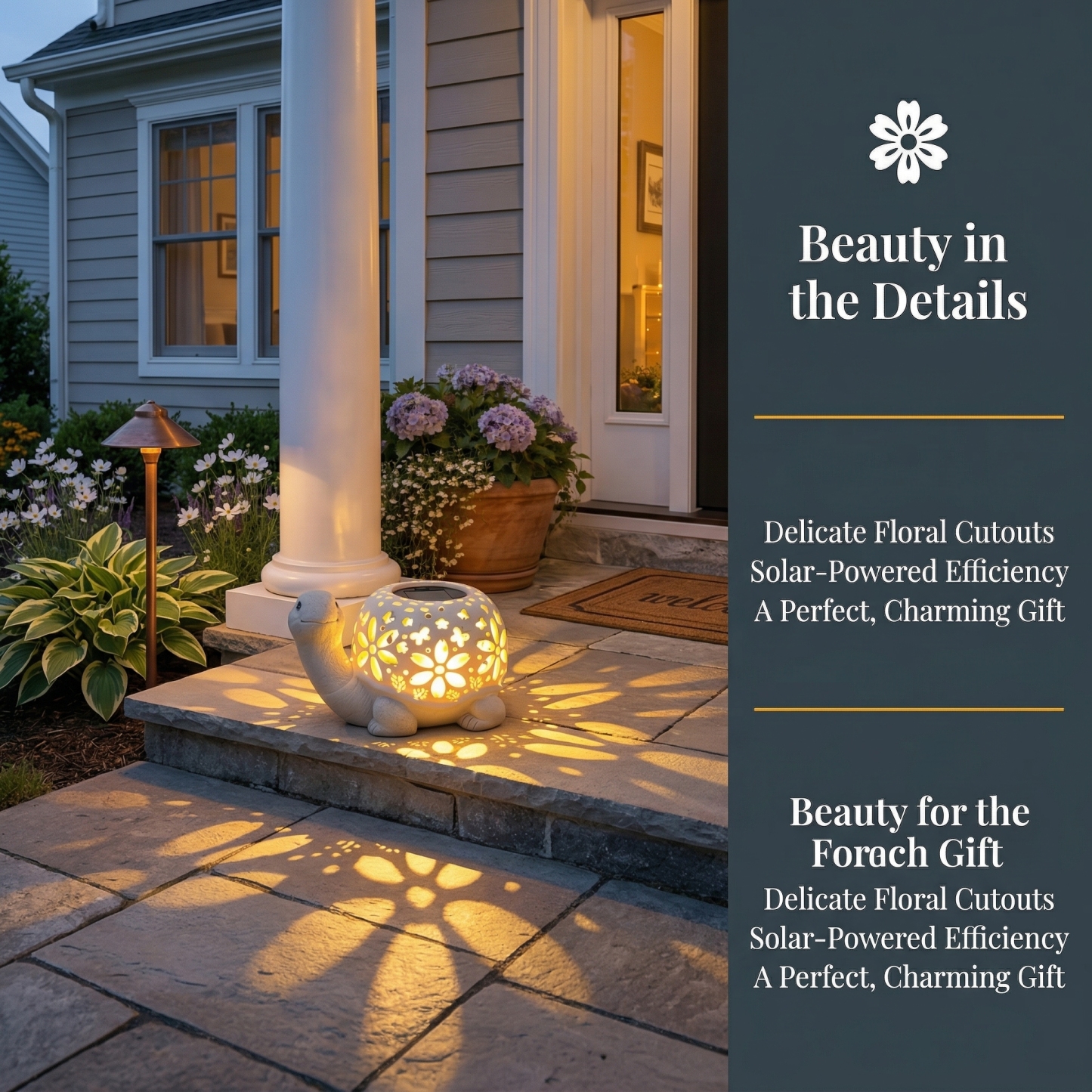 Turtle Glow Solar Garden Lantern With Floral Cutout Shell