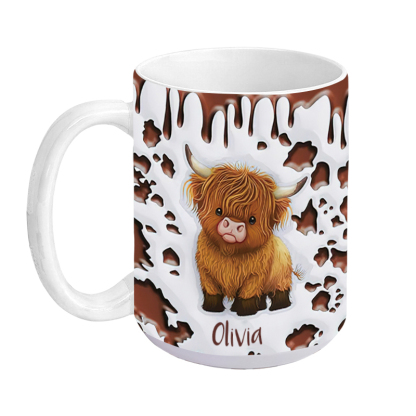 Personalized Cute Highland Cow Ceramic Coffee Mug with Name and Coaster Birthday Gift for Highland Cow Lover
