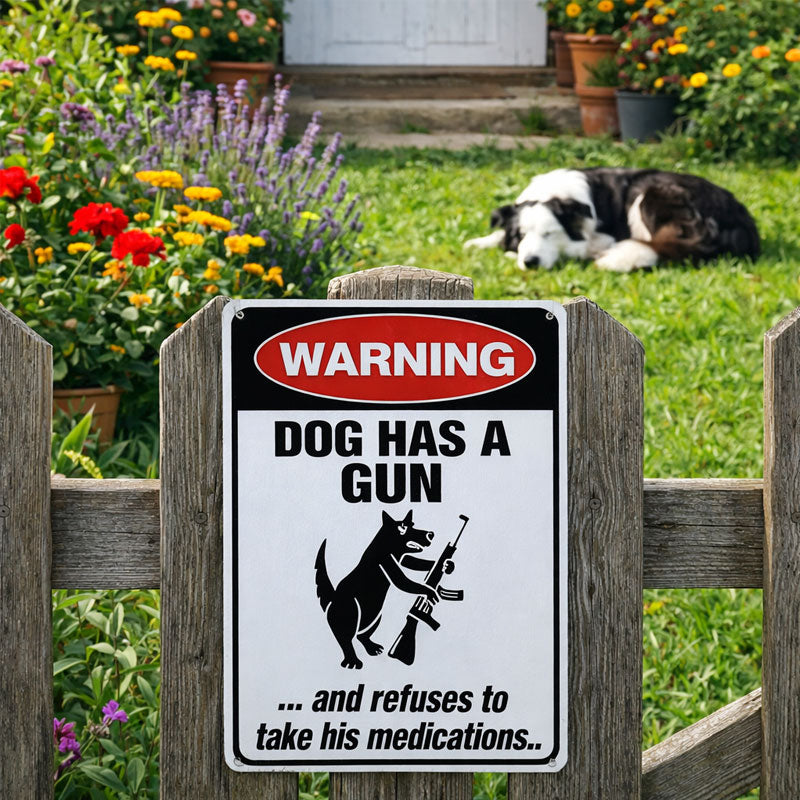 Warning: Sign with a Dog and a Cat Holding a Gun