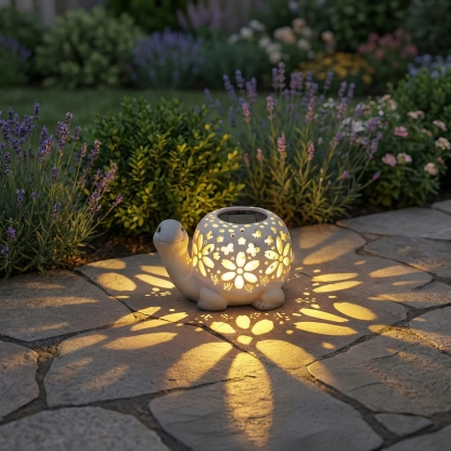Turtle Glow Solar Garden Lantern With Floral Cutout Shell