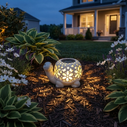 Turtle Glow Solar Garden Lantern With Floral Cutout Shell