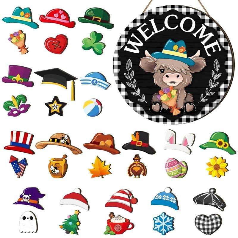 ⏰35 PCS Interchangeable Highland Cow Welcome Sign with Seasonal Magnet Detachable Hats Accessories