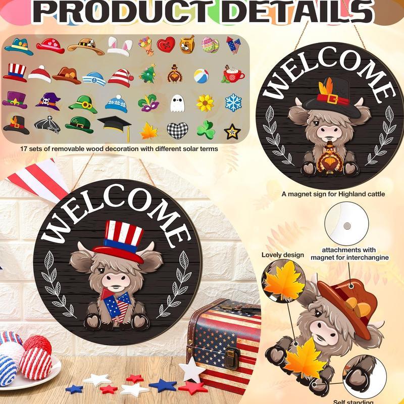 ⏰35 PCS Interchangeable Highland Cow Welcome Sign with Seasonal Magnet Detachable Hats Accessories