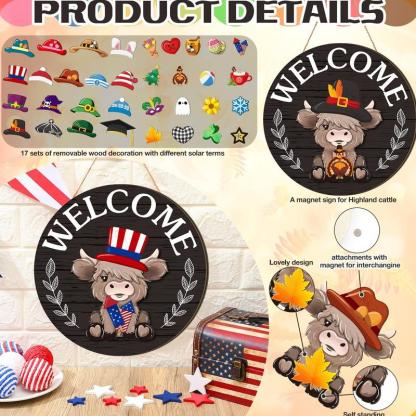 ⏰35 PCS Interchangeable Highland Cow Welcome Sign with Seasonal Magnet Detachable Hats Accessories