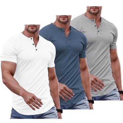 Men's Plain Muscle Slim Fitted Henley Shirts Crewneck T-Shirt